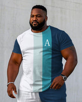 Men's Plus Size Gradient Blue Color Block Chest "A" Printed Short Sleeve T-shirt Shorts Suit